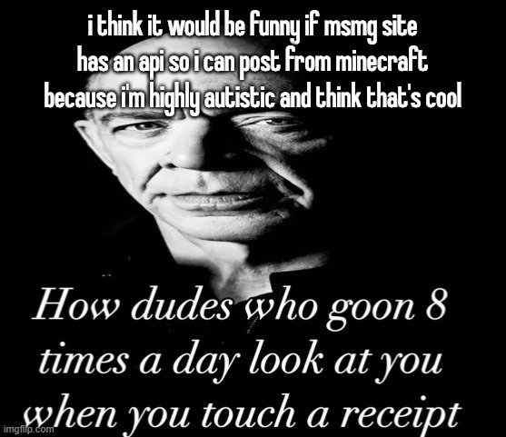 reaction image | i think it would be funny if msmg site has an api so i can post from minecraft because i'm highly autistic and think that's cool | image tagged in reaction image | made w/ Imgflip meme maker
