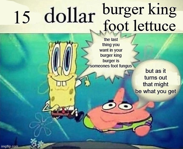 aaaaa | 15; burger king foot lettuce; the last thing you want in your burger king burger is someones foot fungus; but as it turns out that might be what you get | image tagged in 5 dollar foot long | made w/ Imgflip meme maker