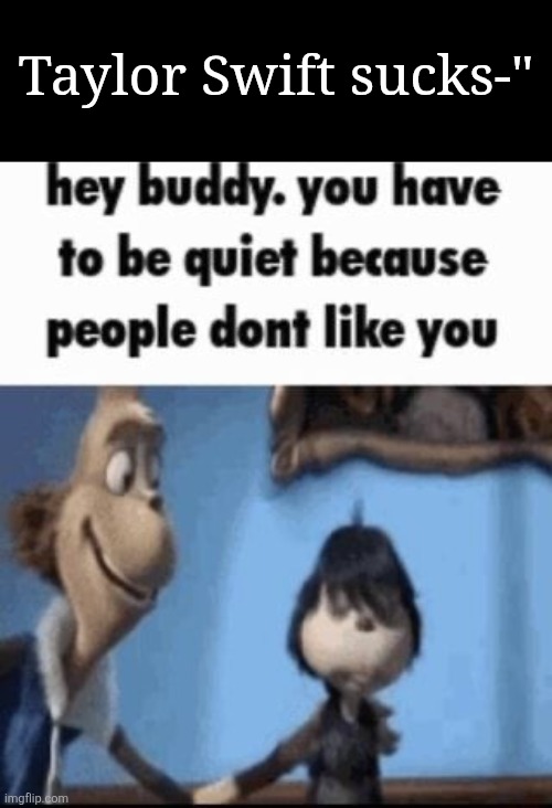 Like bruh, we all get that you hate Taylor Swift, but that doesn't mean you can make memes about her. | Taylor Swift sucks-" | image tagged in hey buddy,memes,funny,taylor swift | made w/ Imgflip meme maker
