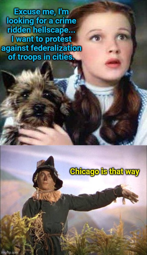 Excuse me, I'm looking for a crime ridden hellscape... I want to protest against federalization of troops in cities. Chicago is that way | image tagged in dorothy,strawman | made w/ Imgflip meme maker