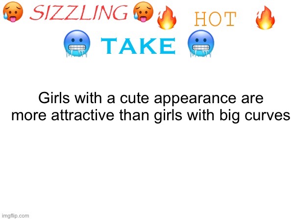 sizzling hot take | Girls with a cute appearance are more attractive than girls with big curves | image tagged in sizzling hot take,msmg | made w/ Imgflip meme maker