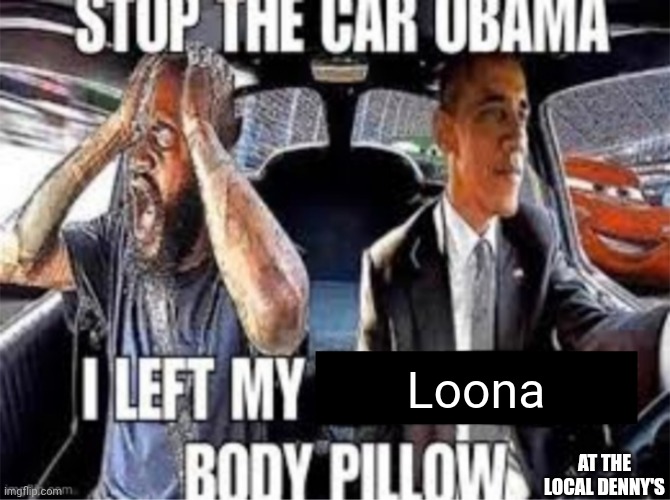Stop the car Obama I left my body pillow | Loona; AT THE LOCAL DENNY'S | image tagged in stop the car obama i left my body pillow | made w/ Imgflip meme maker