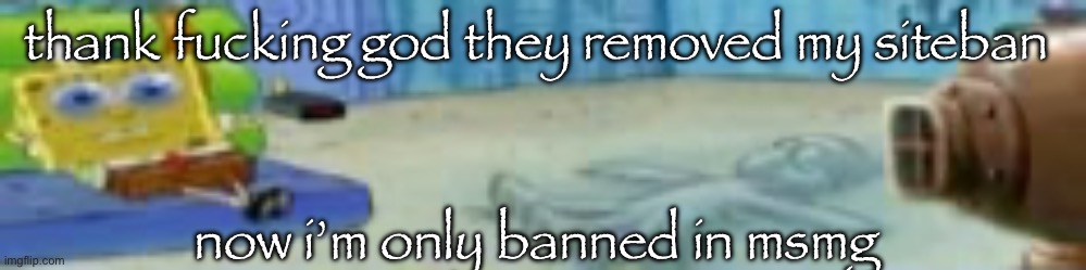 spon | thank fucking god they removed my siteban; now i’m only banned in msmg | image tagged in spon | made w/ Imgflip meme maker
