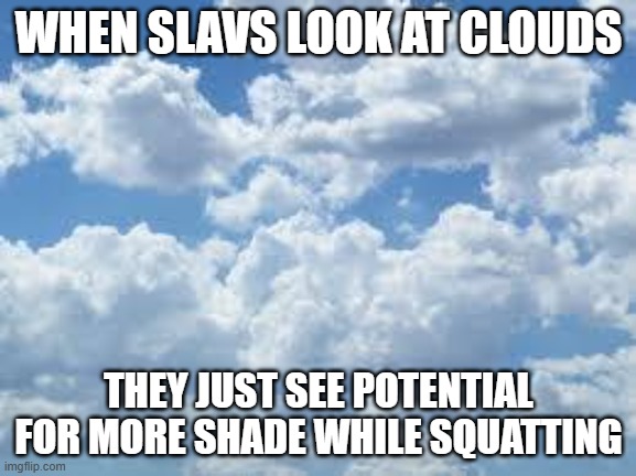 clouds | WHEN SLAVS LOOK AT CLOUDS; THEY JUST SEE POTENTIAL FOR MORE SHADE WHILE SQUATTING | image tagged in clouds,slavic lives matter | made w/ Imgflip meme maker