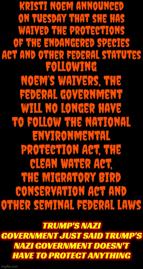 Nazis | Following Noem’s waivers, the federal government will no longer have to follow the National Environmental Protection Act, the Clean Water Act, the Migratory Bird Conservation Act and other seminal federal laws; Kristi Noem announced on Tuesday that she has waived the protections of the Endangered Species Act and other federal statutes; TRUMP'S NAZI GOVERNMENT JUST SAID TRUMP'S NAZI GOVERNMENT DOESN'T HAVE TO PROTECT ANYTHING | image tagged in memes,maga,nazis,lock him up,waitin on karma,conservative hypocrisy | made w/ Imgflip meme maker
