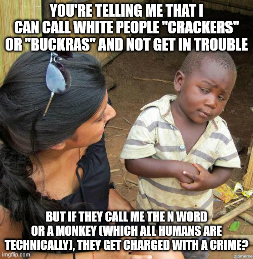 Poor Mrs. Hendrix... | YOU'RE TELLING ME THAT I CAN CALL WHITE PEOPLE "CRACKERS" OR "BUCKRAS" AND NOT GET IN TROUBLE; BUT IF THEY CALL ME THE N WORD OR A MONKEY (WHICH ALL HUMANS ARE TECHNICALLY), THEY GET CHARGED WITH A CRIME? | image tagged in black kid | made w/ Imgflip meme maker