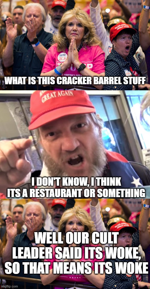 Truth hurts! | WHAT IS THIS CRACKER BARREL STUFF; I DON'T KNOW, I THINK ITS A RESTAURANT OR SOMETHING; WELL OUR CULT LEADER SAID ITS WOKE, SO THAT MEANS ITS WOKE | image tagged in evangelical trump supporter church lady,angry trumper maga white supremacist | made w/ Imgflip meme maker