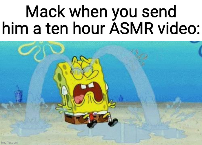 Mack when you send him a ten hour ASMR video: | image tagged in memes,blank transparent square,sad crying spongebob | made w/ Imgflip meme maker