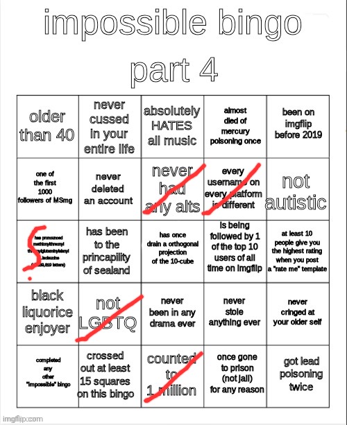 impossible bingo part 4 | image tagged in impossible bingo part 4 | made w/ Imgflip meme maker