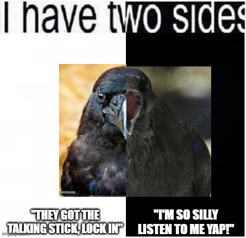 guh | "I'M SO SILLY LISTEN TO ME YAP!"; "THEY GOT THE TALKING STICK, LOCK IN" | image tagged in i have two sides | made w/ Imgflip meme maker