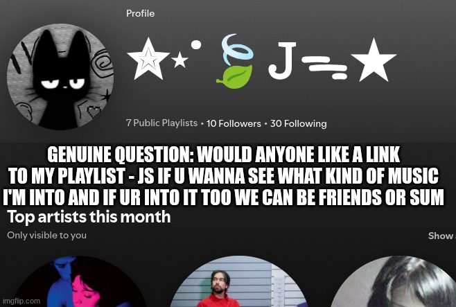 ;3 | GENUINE QUESTION: WOULD ANYONE LIKE A LINK TO MY PLAYLIST - JS IF U WANNA SEE WHAT KIND OF MUSIC I'M INTO AND IF UR INTO IT TOO WE CAN BE FRIENDS OR SUM | image tagged in music,scene,why are you reading the tags | made w/ Imgflip meme maker