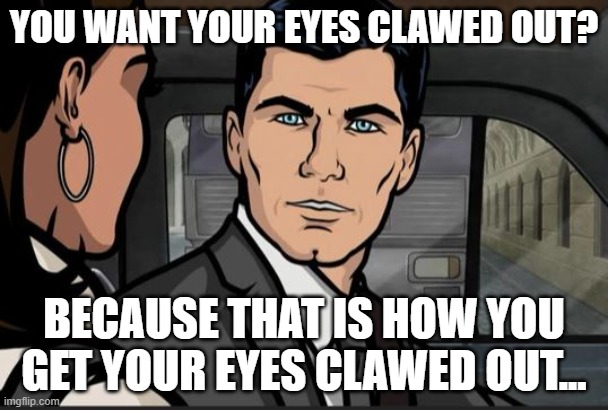Archer Do You Want | YOU WANT YOUR EYES CLAWED OUT? BECAUSE THAT IS HOW YOU GET YOUR EYES CLAWED OUT... | image tagged in archer do you want | made w/ Imgflip meme maker