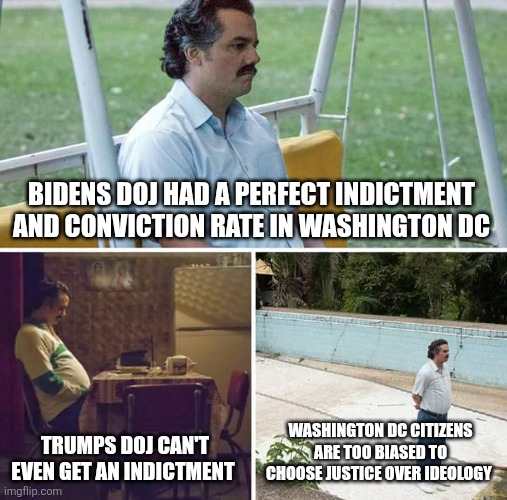 Sad Pablo Escobar | BIDENS DOJ HAD A PERFECT INDICTMENT AND CONVICTION RATE IN WASHINGTON DC; TRUMPS DOJ CAN'T EVEN GET AN INDICTMENT; WASHINGTON DC CITIZENS ARE TOO BIASED TO CHOOSE JUSTICE OVER IDEOLOGY | image tagged in memes,sad pablo escobar | made w/ Imgflip meme maker