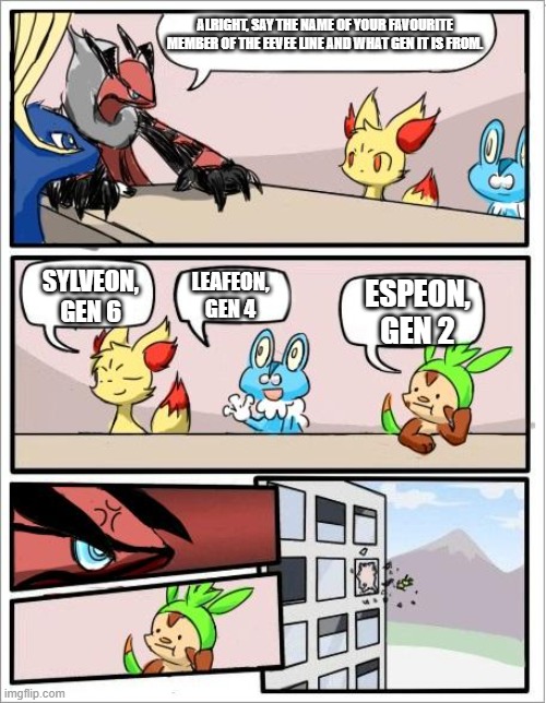 Sorry, Chespin. Espeon is also very cool | ALRIGHT, SAY THE NAME OF YOUR FAVOURITE MEMBER OF THE EEVEE LINE AND WHAT GEN IT IS FROM. SYLVEON, GEN 6; LEAFEON, GEN 4; ESPEON, GEN 2 | image tagged in pokemon board meeting,eevee | made w/ Imgflip meme maker