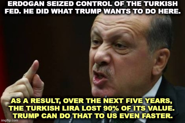 Erdogan | ERDOGAN SEIZED CONTROL OF THE TURKISH FED. HE DID WHAT TRUMP WANTS TO DO HERE. AS A RESULT, OVER THE NEXT FIVE YEARS, 
THE TURKISH LIRA LOST 90% OF ITS VALUE. 
TRUMP CAN DO THAT TO US EVEN FASTER. | image tagged in erdogan | made w/ Imgflip meme maker