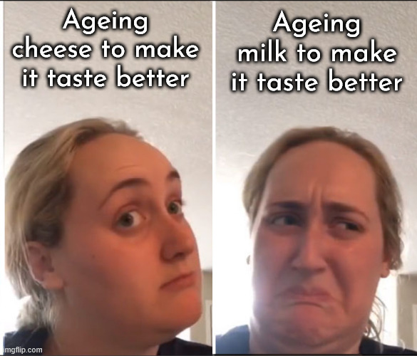 Yum, aged milk | Ageing
cheese to make
it taste better; Ageing
milk to make
it taste better | image tagged in kombucha girl reversed,milk,cheese,aged,oh wow are you actually reading these tags | made w/ Imgflip meme maker