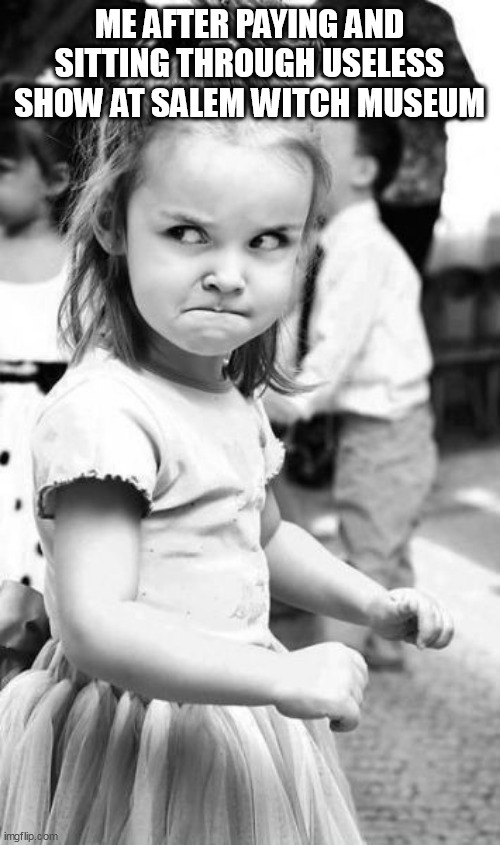 salem witch museum | ME AFTER PAYING AND SITTING THROUGH USELESS SHOW AT SALEM WITCH MUSEUM | image tagged in memes,angry toddler | made w/ Imgflip meme maker