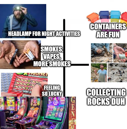 The Tweakers delight starter pack | CONTAINERS ARE FUN; HEADLAMP FOR NIGHT ACTIVITIES; SMOKES, VAPES, MORE SMOKES; FEELING SO LUCKY; COLLECTING ROCKS DUH | image tagged in memes,blank starter pack | made w/ Imgflip meme maker