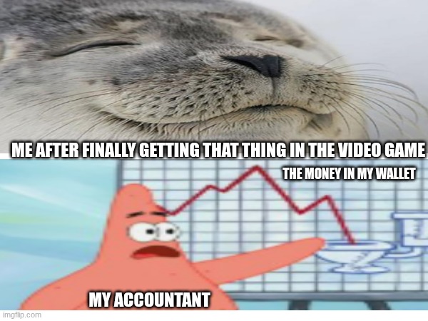 micro transactions | ME AFTER FINALLY GETTING THAT THING IN THE VIDEO GAME; THE MONEY IN MY WALLET; MY ACCOUNTANT | image tagged in gaming,micro transactions | made w/ Imgflip meme maker