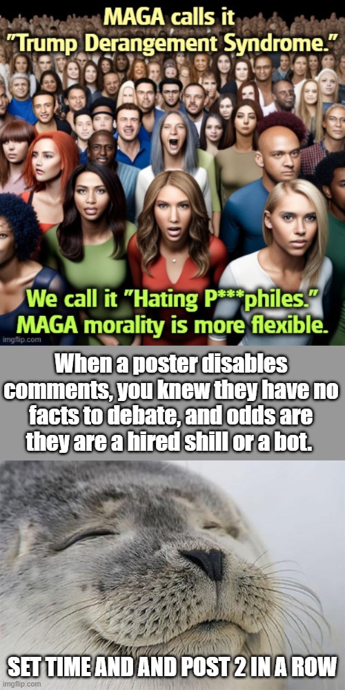 Come on SAM let's talk this out. Debate. Democracy is based on debate. Don't you want to save democracy | When a poster disables comments, you knew they have no facts to debate, and odds are they are a hired shill or a bot. SET TIME AND AND POST 2 IN A ROW | image tagged in memes,satisfied seal | made w/ Imgflip meme maker