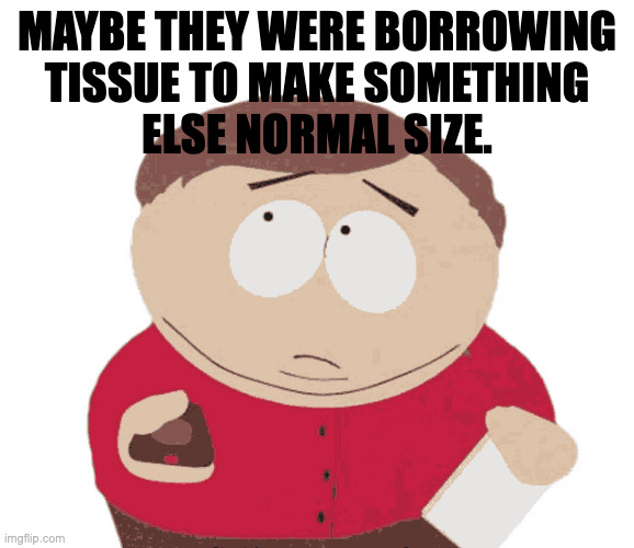 MAYBE THEY WERE BORROWING
TISSUE TO MAKE SOMETHING
ELSE NORMAL SIZE. | made w/ Imgflip meme maker