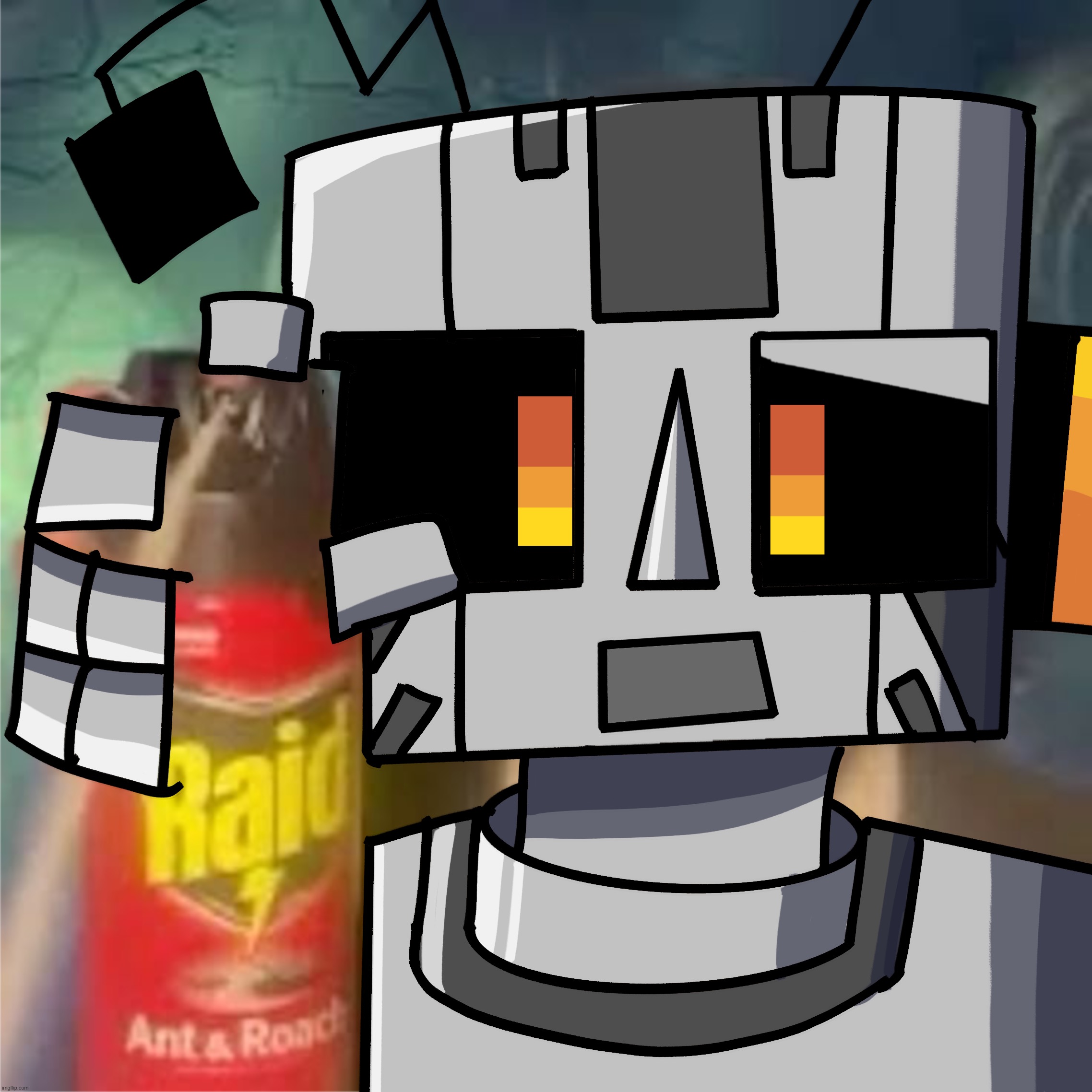Zerobot redraw | image tagged in raid spray,zerobot | made w/ Imgflip meme maker