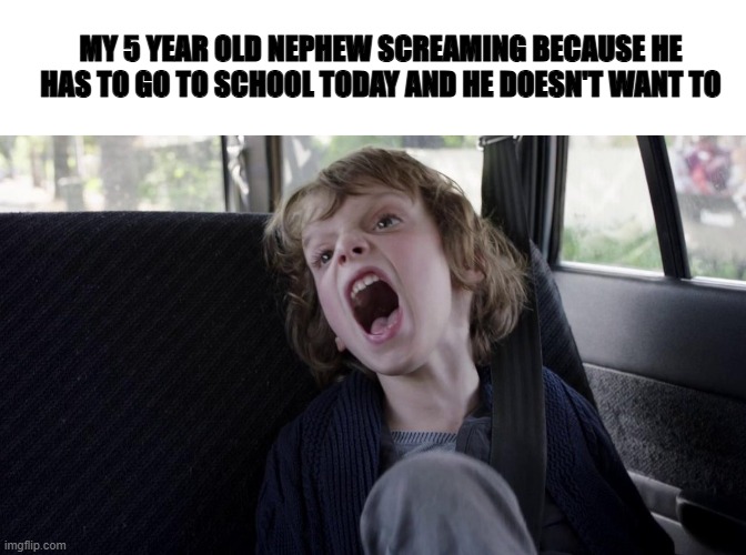 kids hate school and it's common sense | MY 5 YEAR OLD NEPHEW SCREAMING BECAUSE HE HAS TO GO TO SCHOOL TODAY AND HE DOESN'T WANT TO | image tagged in kids these days,school,back to school | made w/ Imgflip meme maker