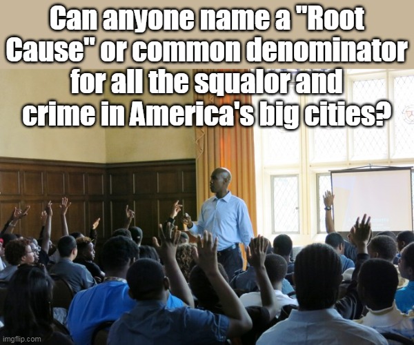 Shhhhhh..... | Can anyone name a "Root Cause" or common denominator for all the squalor and crime in America's big cities? | image tagged in teacher root cause big city crime meme | made w/ Imgflip meme maker
