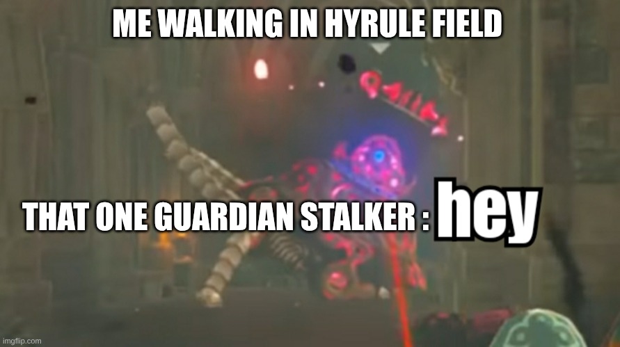 hi. | ME WALKING IN HYRULE FIELD; THAT ONE GUARDIAN STALKER : | image tagged in guardian hey,run | made w/ Imgflip meme maker