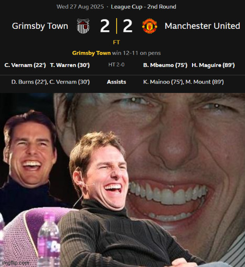 Manchester United is out of the League Cup | image tagged in tom cruise laugh,manchester united,premier league,football,league cup | made w/ Imgflip meme maker