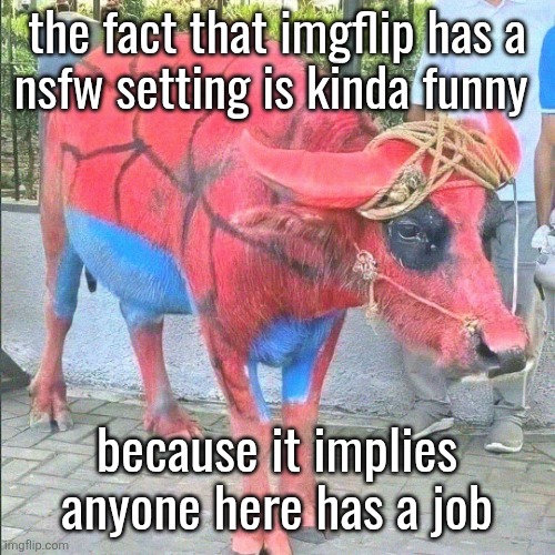 spiderman buffalo | the fact that imgflip has a
nsfw setting is kinda funny; HE; because it implies anyone here has a job | image tagged in spiderman buffalo | made w/ Imgflip meme maker