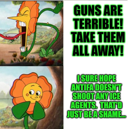 liberal hypocrisy | GUNS ARE
TERRIBLE!
TAKE THEM
ALL AWAY! I SURE HOPE ANTIFA DOESN'T SHOOT ANY ICE AGENTS.  THAT'D JUST BE A SHAME... | image tagged in cuphead flower | made w/ Imgflip meme maker