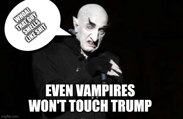 vampire | WHOA! THAT GUY 
SMELLS LIKE SHIT EVEN VAMPIRES 
WON'T TOUCH TRUMP | image tagged in vampire | made w/ Imgflip meme maker