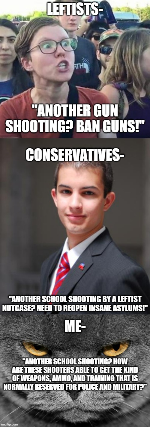 I don't have comments. . .just a simple question. | LEFTISTS-; "ANOTHER GUN SHOOTING? BAN GUNS!"; CONSERVATIVES-; "ANOTHER SCHOOL SHOOTING BY A LEFTIST NUTCASE? NEED TO REOPEN INSANE ASYLUMS!"; ME-; "ANOTHER SCHOOL SHOOTING? HOW ARE THESE SHOOTERS ABLE TO GET THE KIND OF WEAPONS, AMMO, AND TRAINING THAT IS NORMALLY RESERVED FOR POLICE AND MILITARY?" | image tagged in grumpy graey cat,guns,school shooting,meme,political meme | made w/ Imgflip meme maker