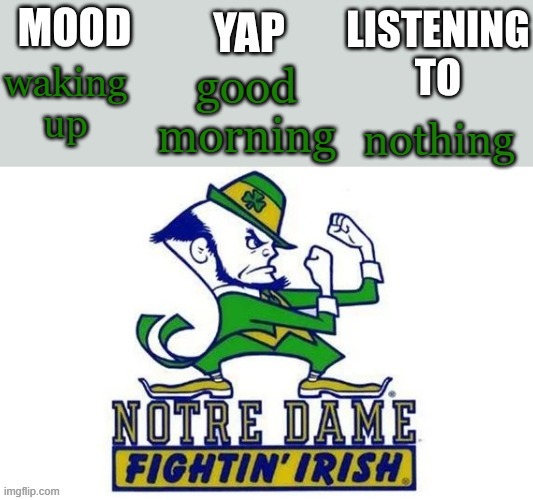 Notre_Dame_fan102's Second Announcement Temp | good morning; waking up; nothing | image tagged in notre_dame_fan102's second announcement temp | made w/ Imgflip meme maker