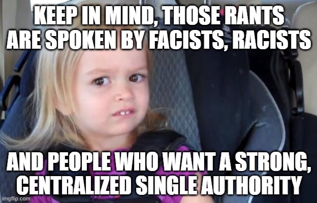 Side Eyeing Chloe | KEEP IN MIND, THOSE RANTS ARE SPOKEN BY FACISTS, RACISTS AND PEOPLE WHO WANT A STRONG, CENTRALIZED SINGLE AUTHORITY | image tagged in side eyeing chloe | made w/ Imgflip meme maker