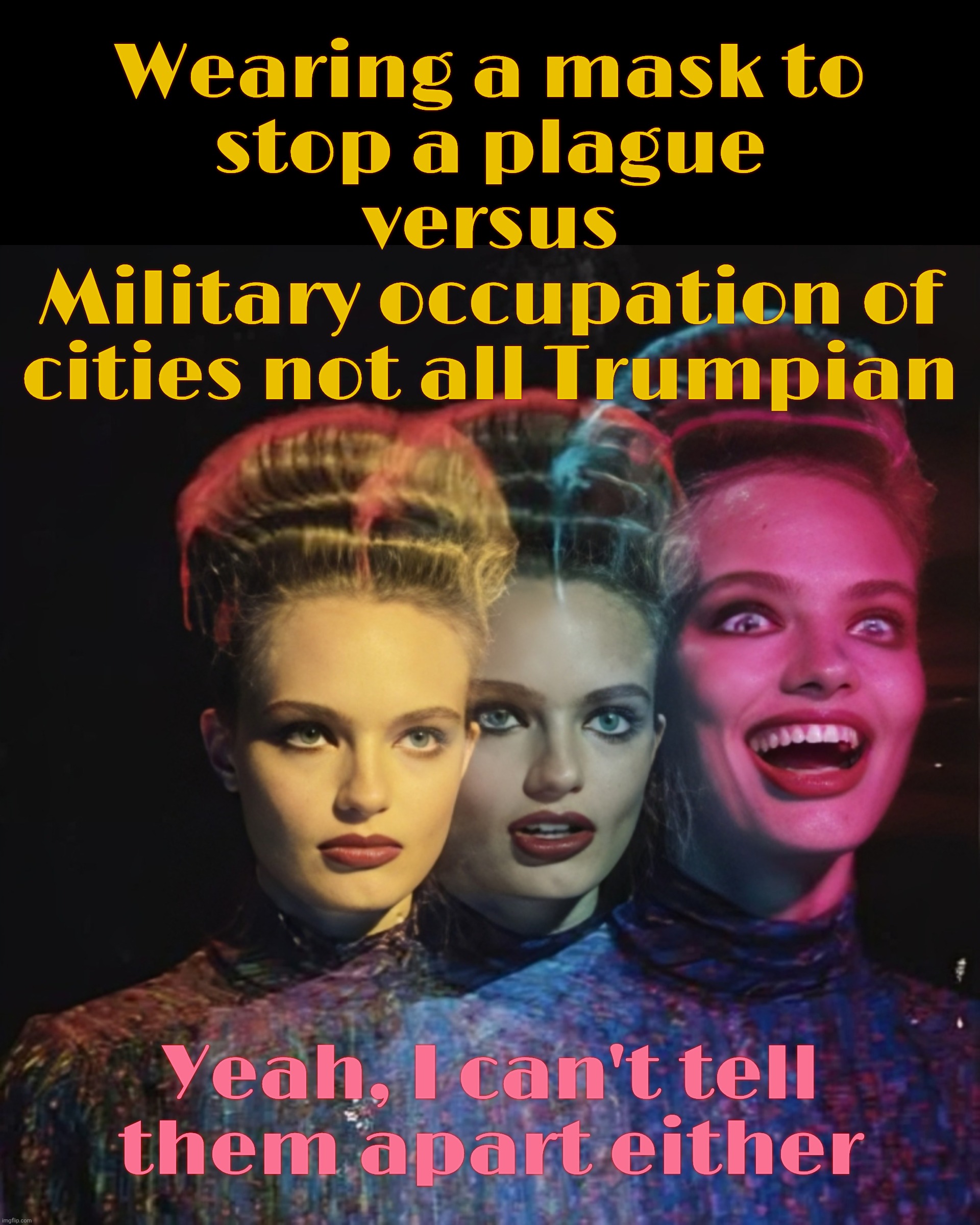 l | Wearing a mask to
stop a plague
versus
Military occupation of
cities not all Trumpian; Yeah, I can't tell
them apart either | image tagged in l | made w/ Imgflip meme maker