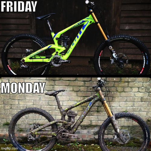 Fryday vs. Monday | image tagged in bikes,outdoor,memes,latticeclimbing,daredevil,lattice climbing | made w/ Imgflip meme maker