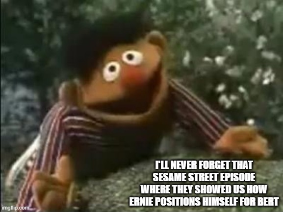 Dirty Sesame Street | I'LL NEVER FORGET THAT SESAME STREET EPISODE WHERE THEY SHOWED US HOW ERNIE POSITIONS HIMSELF FOR BERT | image tagged in dark humor | made w/ Imgflip meme maker