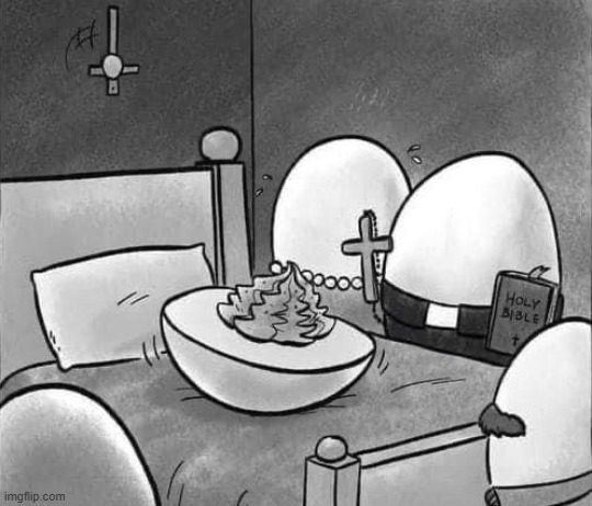 Away with Thee Egg | image tagged in egg,deviled egg,eggs,bible,cross,exorcist | made w/ Imgflip meme maker