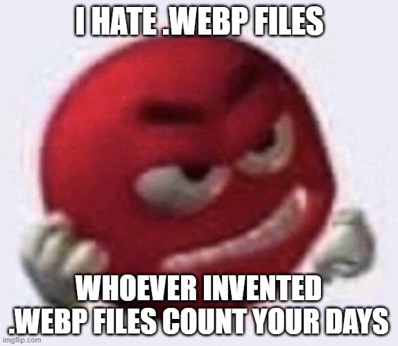 .jpg and .png > .webp | I HATE .WEBP FILES; WHOEVER INVENTED .WEBP FILES COUNT YOUR DAYS | image tagged in webp files,webp,computers | made w/ Imgflip meme maker