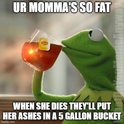 Okay that's just rude | UR MOMMA'S SO FAT; WhatDoYouMemeAnyway; WHEN SHE DIES THEY'LL PUT HER ASHES IN A 5 GALLON BUCKET | image tagged in memes,but that's none of my business,kermit the frog | made w/ Imgflip meme maker