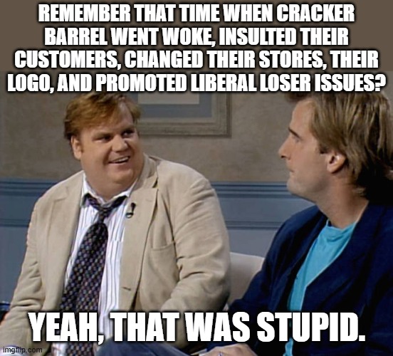 Remember that time | REMEMBER THAT TIME WHEN CRACKER BARREL WENT WOKE, INSULTED THEIR CUSTOMERS, CHANGED THEIR STORES, THEIR LOGO, AND PROMOTED LIBERAL LOSER ISSUES? YEAH, THAT WAS STUPID. | image tagged in remember that time,cracker barrel,woke,fafo | made w/ Imgflip meme maker