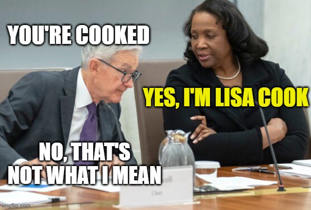 Lisa Cook With Jerome Powell | YOU'RE COOKED; YES, I'M LISA COOK; NO, THAT'S NOT WHAT I MEAN | image tagged in lisa cook with jerome powell | made w/ Imgflip meme maker