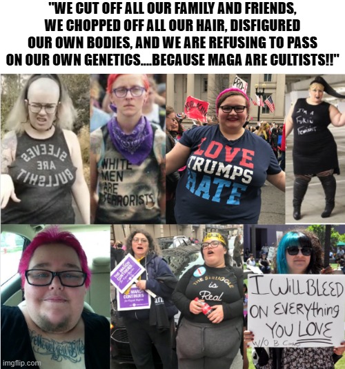 Right....maga are the cultists | "WE CUT OFF ALL OUR FAMILY AND FRIENDS, WE CHOPPED OFF ALL OUR HAIR, DISFIGURED OUR OWN BODIES, AND WE ARE REFUSING TO PASS ON OUR OWN GENETICS....BECAUSE MAGA ARE CULTISTS!!" | image tagged in liberal hypocrisy,democrats,democratic socialism,socialism,communism | made w/ Imgflip meme maker