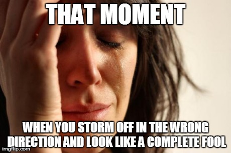 First World Problems | THAT MOMENT WHEN YOU STORM OFF IN THE WRONG DIRECTION AND LOOK LIKE A COMPLETE FOOL | image tagged in memes,first world problems | made w/ Imgflip meme maker