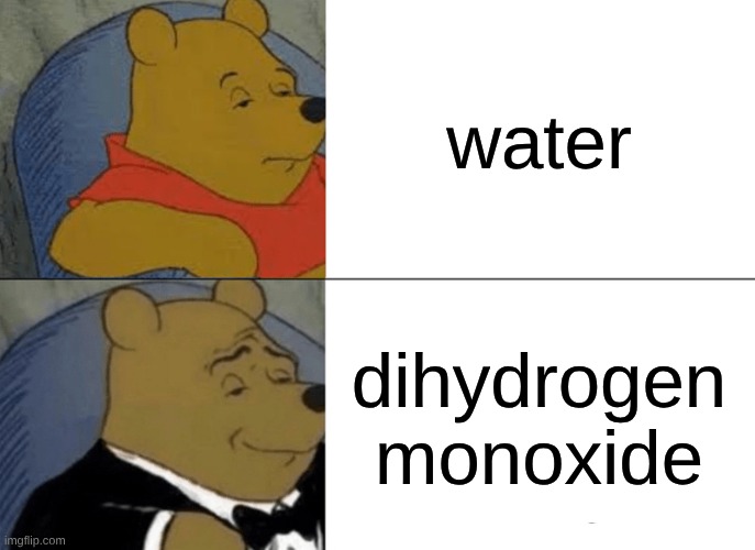 WATER | water; dihydrogen monoxide | image tagged in memes,tuxedo winnie the pooh | made w/ Imgflip meme maker