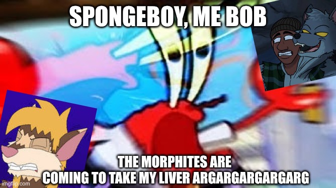K R A B S | SPONGEBOY, ME BOB; THE MORPHITES ARE 
COMING TO TAKE MY LIVER ARGARGARGARGARG | image tagged in t h e r e b a c k | made w/ Imgflip meme maker