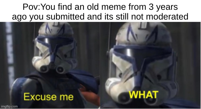 IM SORRY. WHAT?! | Pov:You find an old meme from 3 years ago you submitted and its still not moderated | image tagged in excuse me what,old meme,moderators | made w/ Imgflip meme maker
