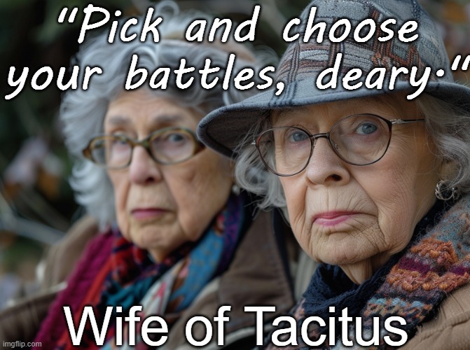 Pick and choose your battles, deary - Wife of Tacitus | "Pick and choose your battles, deary."; Wife of Tacitus | image tagged in life,survival,humor,funny,wisdom,experience | made w/ Imgflip meme maker